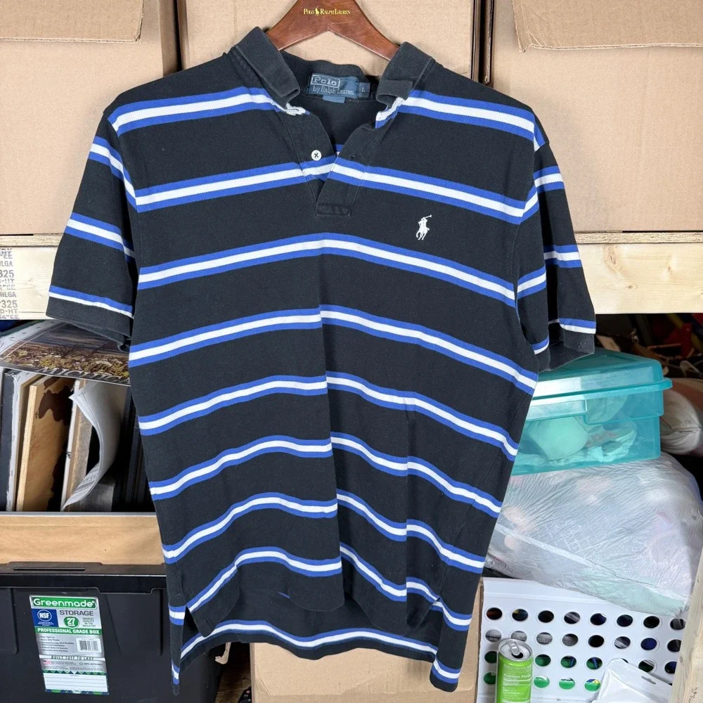 Polo Ralph Lauren Mens L Black Blue White Striped Short Sleeve Polo Shirt‎ L